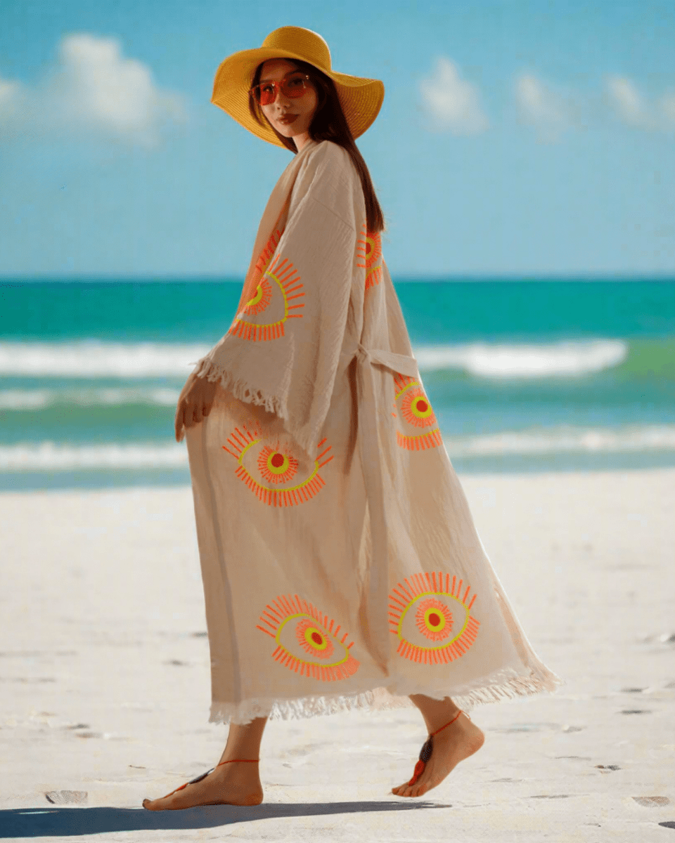 Beige Evil Eye Kimono Robe – Organic Cotton Boho Style