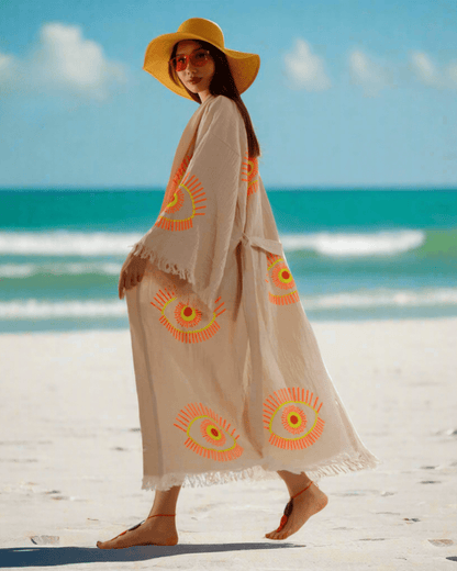 Beige Evil Eye Kimono Robe – Organic Cotton Boho Style
