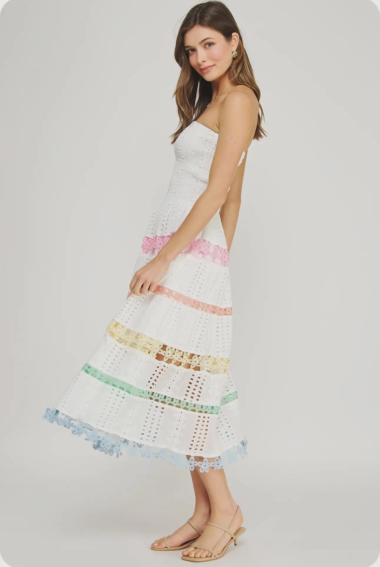 ebba eyelet midi dress Ebba Ivory Floral Eyelet Embroidered Strapless Midi Dress